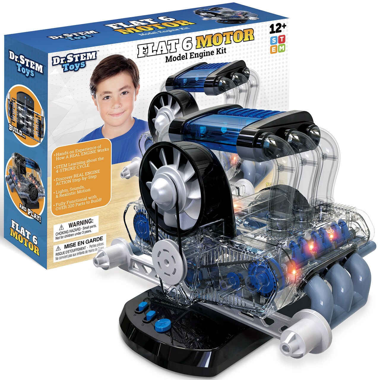 Dr. STEM: Flat 6 Motor - 320pc Model Engine Building Science Kit, LED Light & Sound Effects, Realistic Action, Motion Pistons & Cooling Fans, Kids 12+